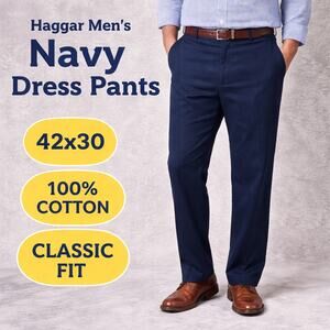 Haggar Mens Navy Dress Pants 42x30 100% Cotton Classic Fit